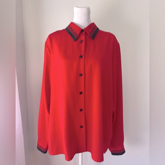 Vintage ‘90s Yves St. Clair Red & Black Collared Button Down Blouse - Picture 1 of 6